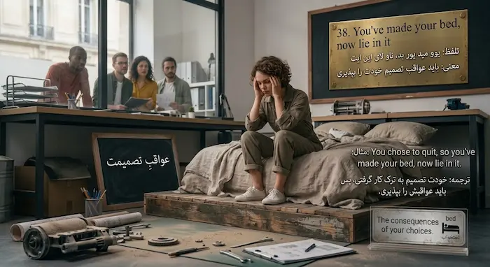 اصطلاح انگلیسی عواقب تصمیم گرفتن و ناراحت شدن یک خانم در تصویر 39483942
