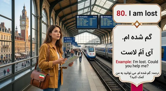 اینفوگرافیک آموزش جمله انگلیسی I am lost (گم شده ام) به همراه معنی و تلفظ فارسی برای استفاده در سفر، شامل یک زن گردشگر در ایستگاه قطار 9475395435