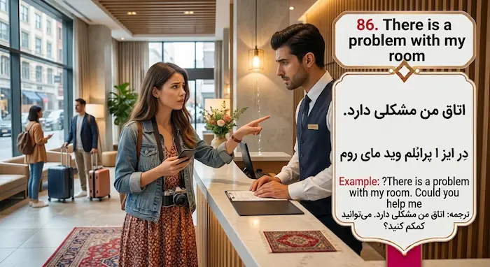 اینفوگرافیک آموزش جمله انگلیسی There is a problem with my room (اتاق من مشکلی دارد) به همراه معنی و تلفظ فارسی برای اعلام مشکل اتاق در پذیرش هتل 4475846464