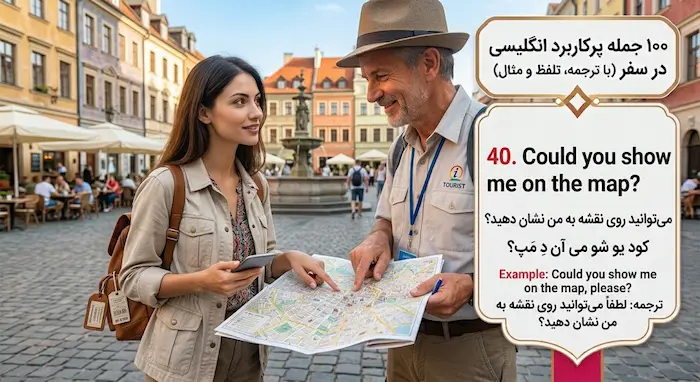 اینفوگرافیک آموزشی برای پرسیدن آدرس با جمله انگلیسی Could you show me on the map همراه با معنی و تلفظ فارسی در سفر 343598454