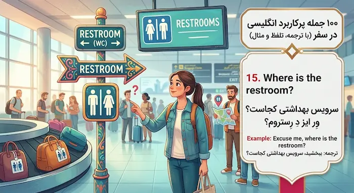 اینفوگرافیک پرسیدن آدرس سرویس بهداشتی به انگلیسی در فرودگاه _ جملات پرکاربرد انگلیسی در سفر 2497387535